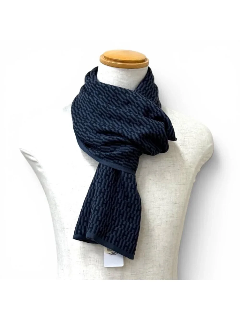 Hermes Cashmere Silk Blend Logo All Over Pattern Shawl Scarf Navy Orange